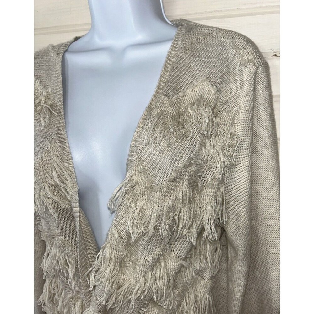 Chicos Sz 1 (MEDIUM) Open Front Fringed Cardigan Sweater Khaki Oatmeal EUC